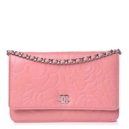 Chanel Lambskin Camellia Embossed Wallet On Chain WOC Pink 1 of 13