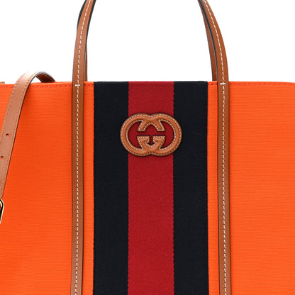 Gucci Canvas Calfskin Web Large Interlocking G Tote Bag Vibrant Orange Hazel Brown 7 of 9