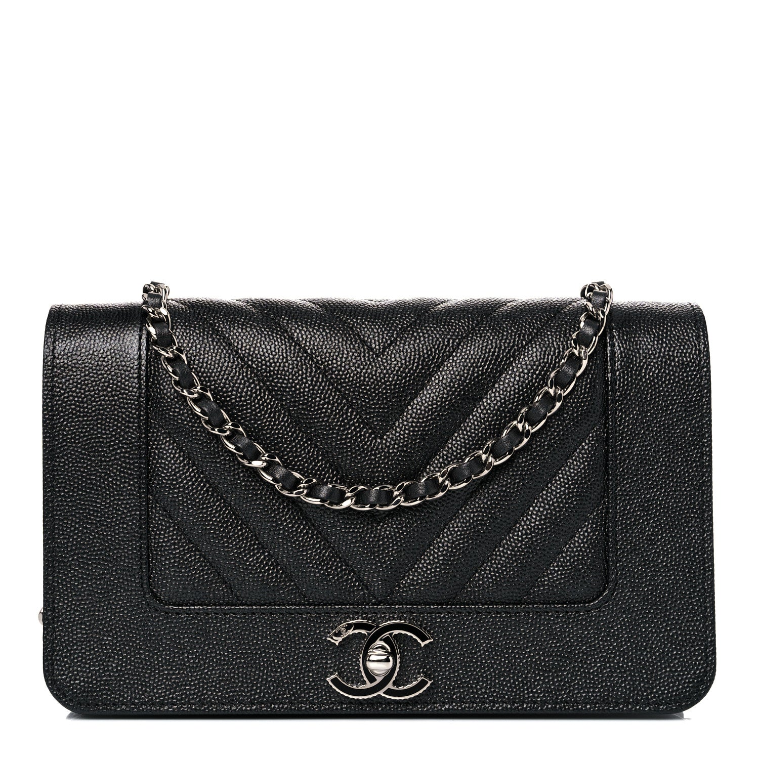 Chanel Metallic Caviar Chevron Quilted Vintage Mademoiselle Wallet On Chain WOC Charcoal 1 of 12
