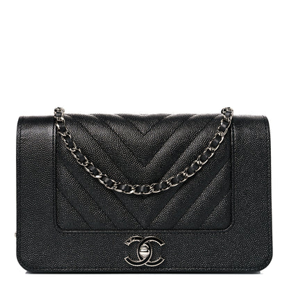 Chanel Metallic Caviar Chevron Quilted Vintage Mademoiselle Wallet On Chain WOC Charcoal 1 of 12