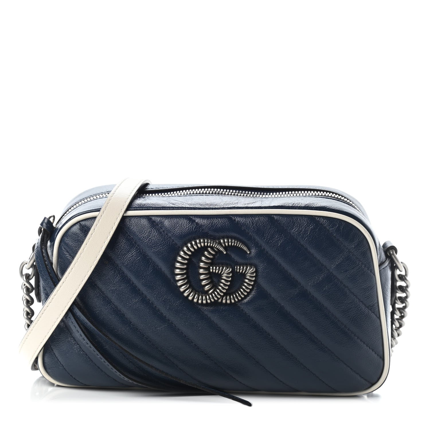 Gucci Vintage Effect Calfskin Matelasse Diagonal Small Torchon GG Marmont Chain Shoulder Bag Blue Agata Mystic White 1 of 7