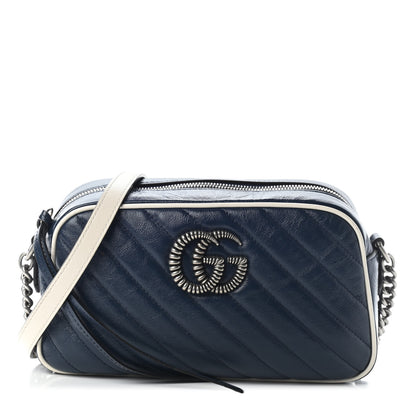 Gucci Vintage Effect Calfskin Matelasse Diagonal Small Torchon GG Marmont Chain Shoulder Bag Blue Agata Mystic White 1 of 7