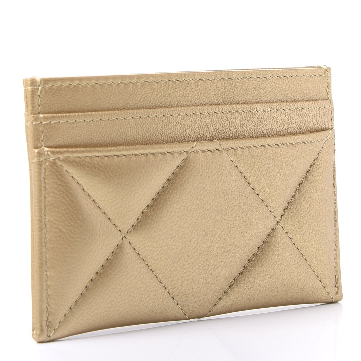 Metallic Goatskin Quilted Chanel 19 Card Holder Gold