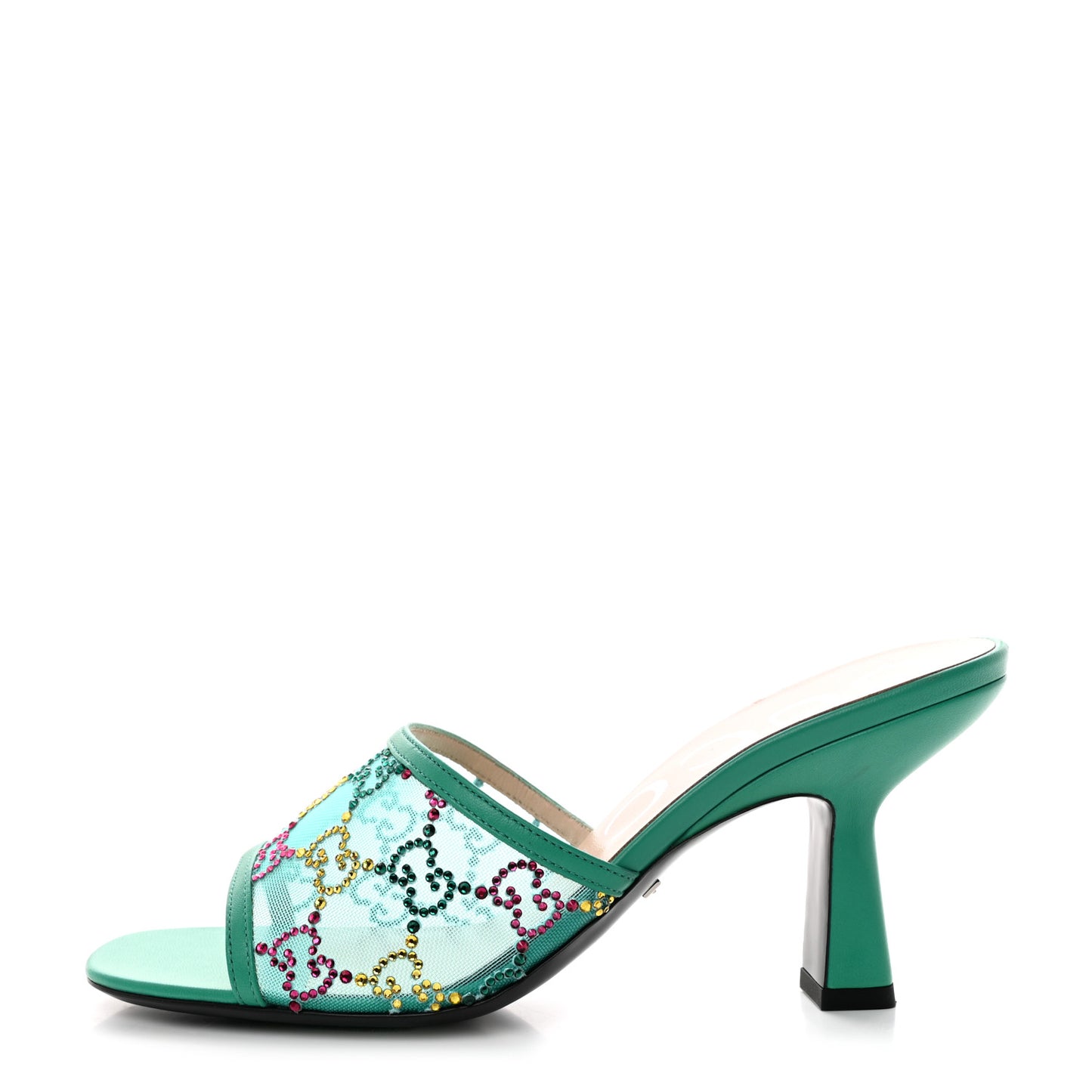 Tela Retino Nappa Crystal GG Monogram Square G 95mm Slide Sandals 37 Turquoise