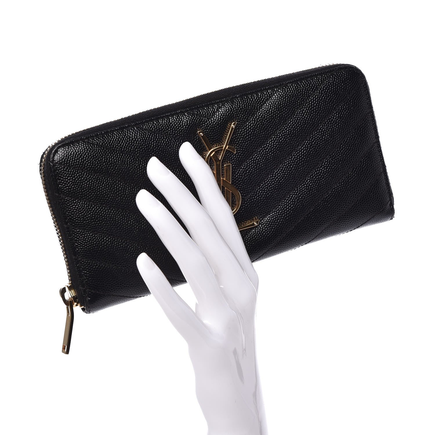 Saint Laurent Grain De Poudre Matelasse Chevron Monogram Zip Around Wallet Black 2 of 7