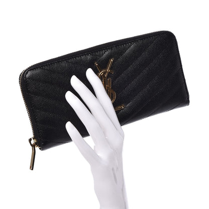 Saint Laurent Grain De Poudre Matelasse Chevron Monogram Zip Around Wallet Black 2 of 7