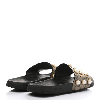 Gucci GG Supreme Monogram Slide Pearls Sandals 39 Beige 4 of 9