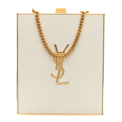 Saint Laurent Metal Calfskin Shagreen Embossed Monogram Minaudiere Tuxedo Box Clutch Blanc Vintage Light Bronze 1 of 10
