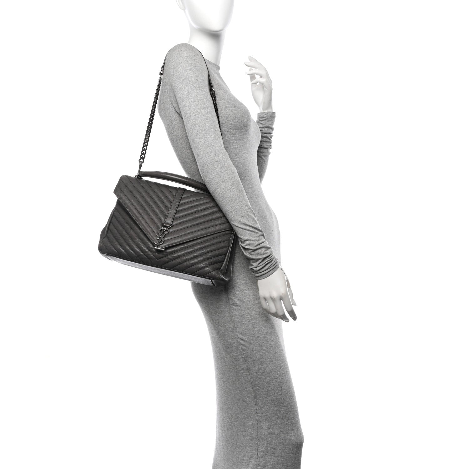 Saint Laurent Sheepskin Matelasse Chevron Monogram Large College Satchel Light Coal 2 of 12