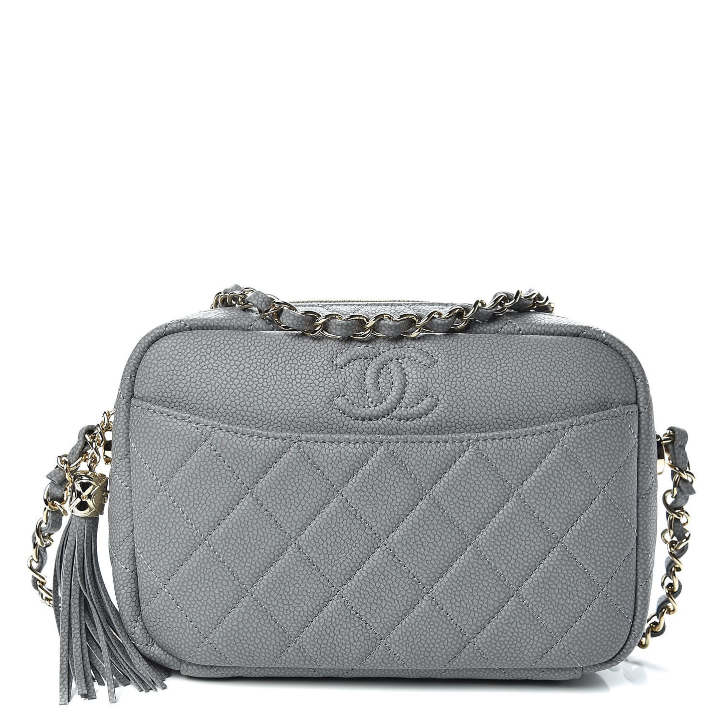 Iridescent Caviar Flat Quilted Small Coco Tassel Camera Case Grey