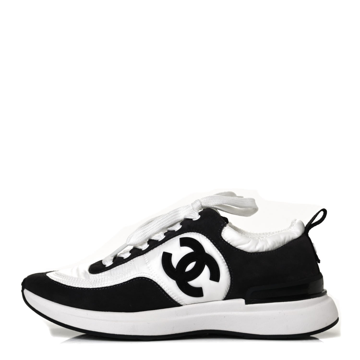 Chanel Nylon Calfskin Suede Womens CC Sneakers 38.5 White Black 1 of 8