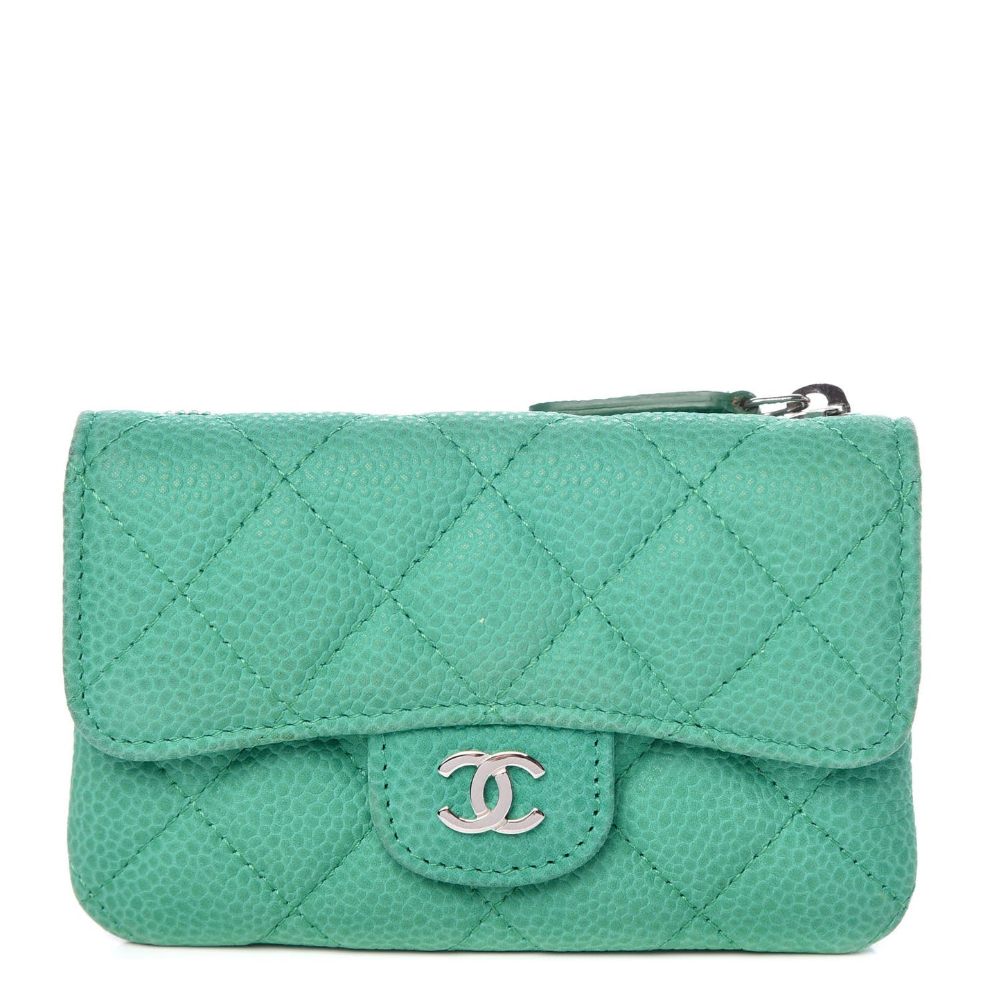 Iridescent Caviar Quilted CC Card Holder Green