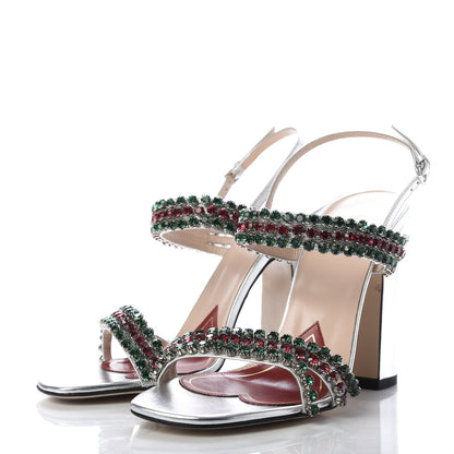 Gucci Nappa Silk Crystal Bertie High Heel Sandals 39 Argento 3 of 9
