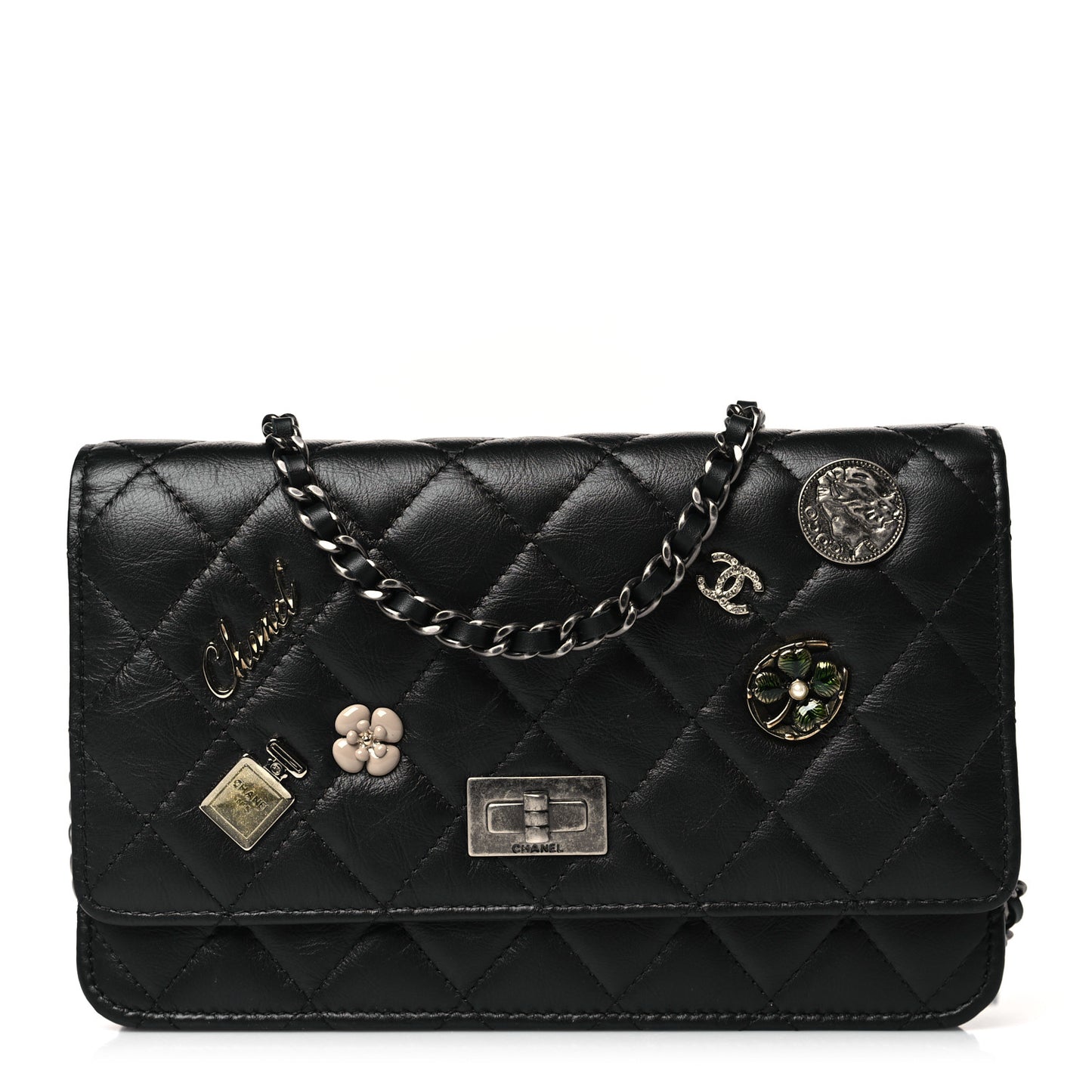 Aged Calfskin Quilted Lucky Charms 2.55 Reissue Wallet On Chain WOC Black