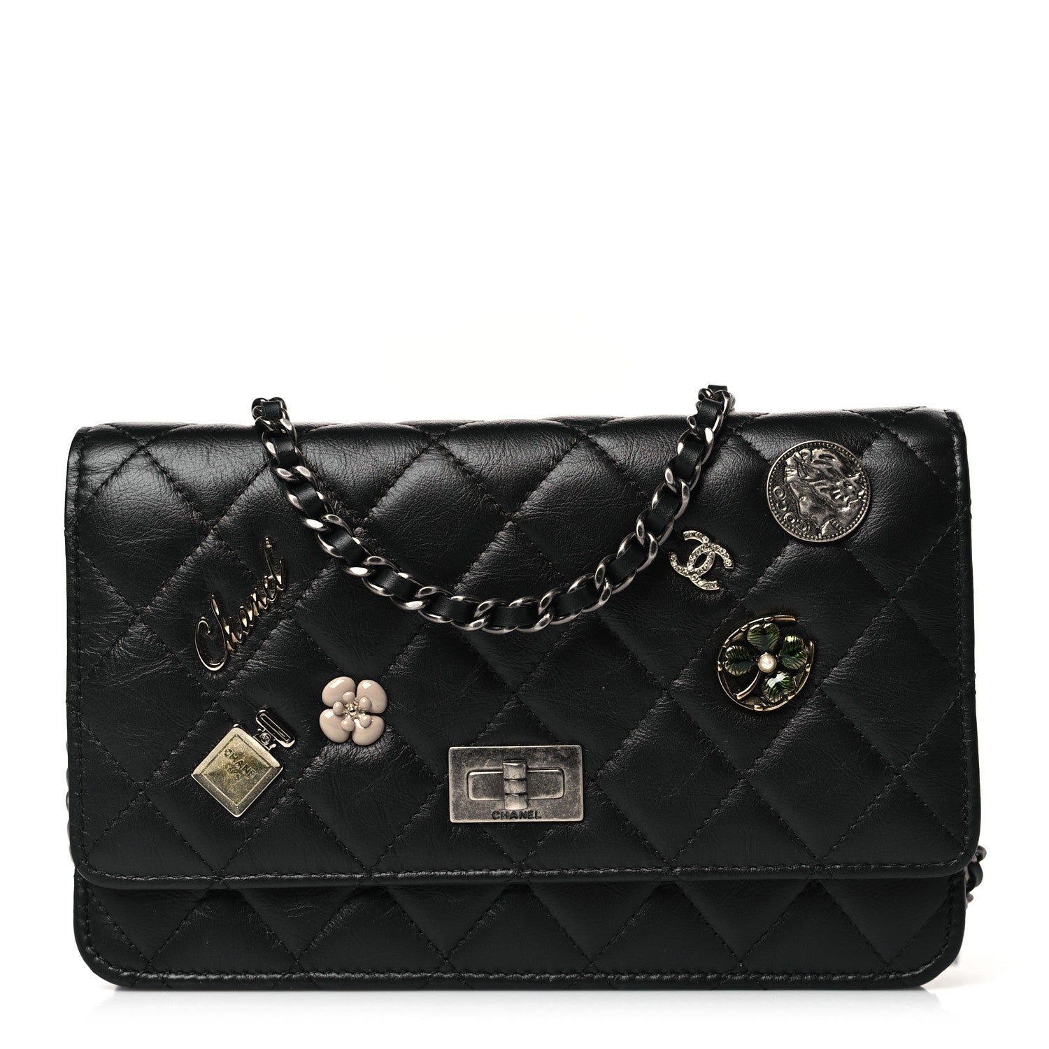 Chanel Aged Calfskin Quilted Lucky Charms 2.55 Reissue Wallet On Chain WOC Black 1 of 11