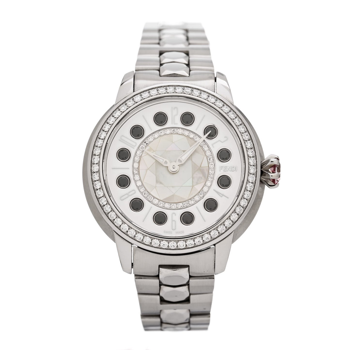 Stainless Steel Diamond Bezel Mother of Pearl Topaz 34mm Crazy Carats Quartz Watch