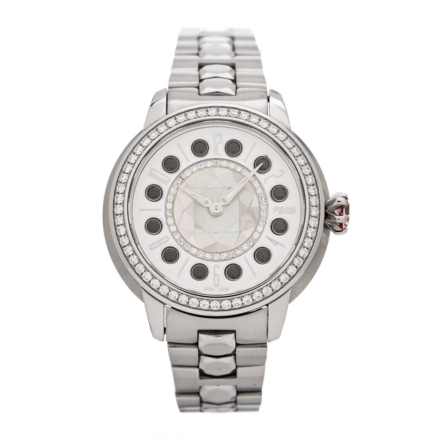 Fendi Stainless Steel Diamond Bezel Mother of Pearl Topaz 34mm Crazy Carats Quartz Watch 3 of 7