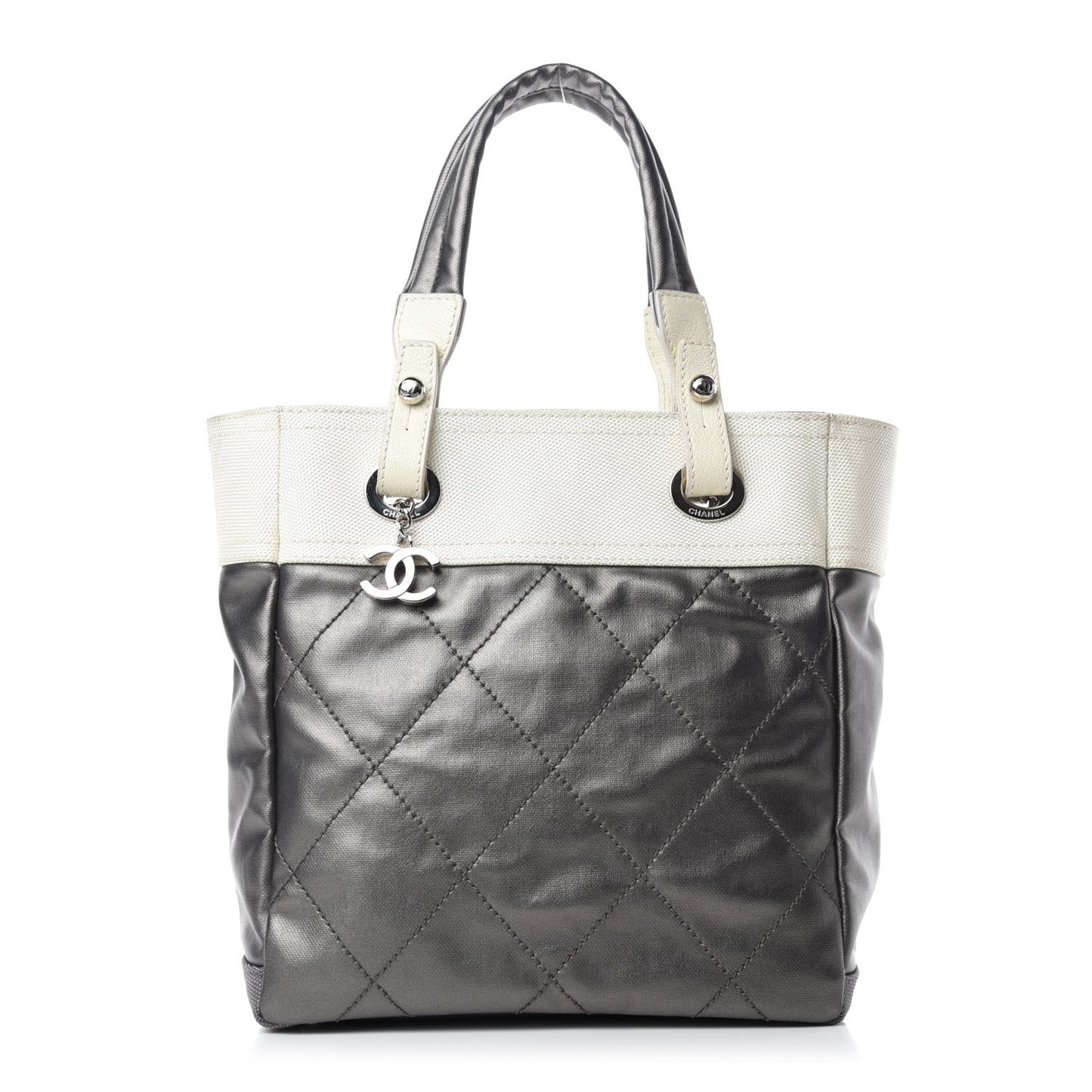 Coated Canvas Quilted Small Paris Biarritz Tote Silver