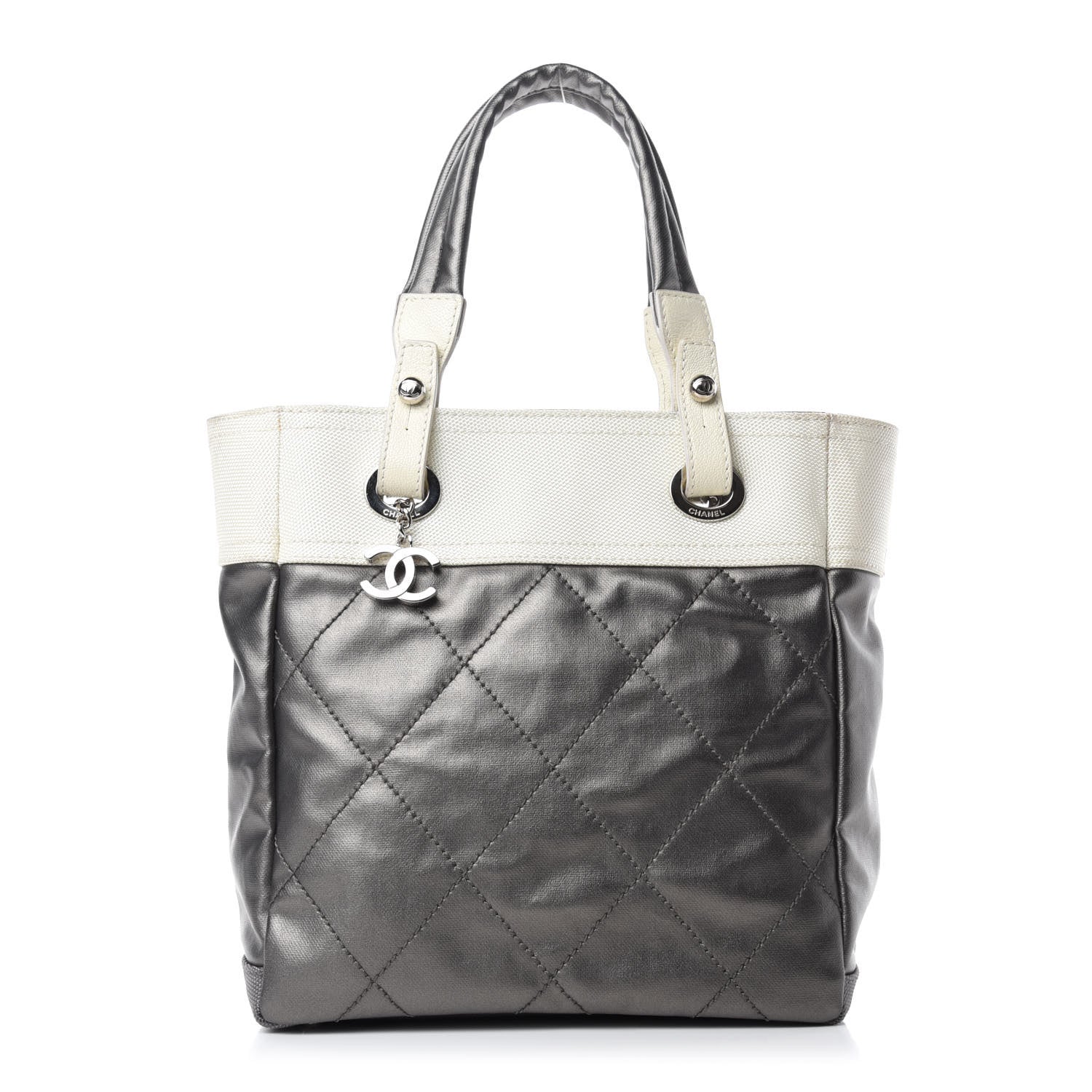 Chanel Coated Canvas Quilted Small Paris Biarritz Tote Silver 1 of 13