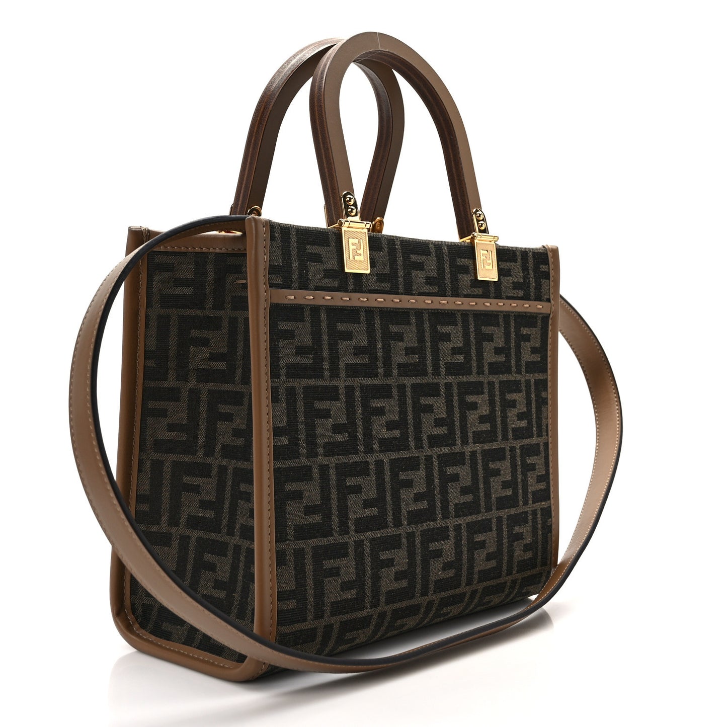 Fabric Jacquard FF 1974 Logo Small Fendi Sunshine Shopper Tote Tobacco Moro Sand