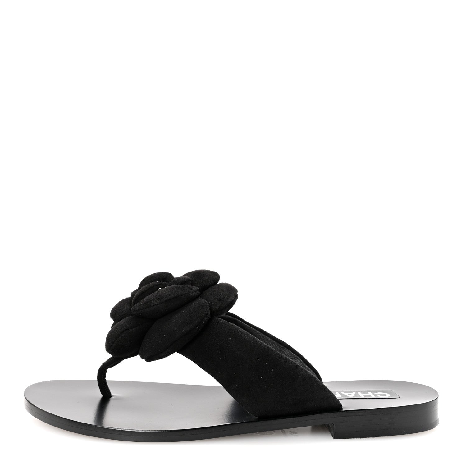 Chanel Suede Kidskin Pearl Camellia Thong Sandals 38.5 Black 1 of 10