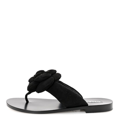 Chanel Suede Kidskin Pearl Camellia Thong Sandals 38.5 Black 1 of 10