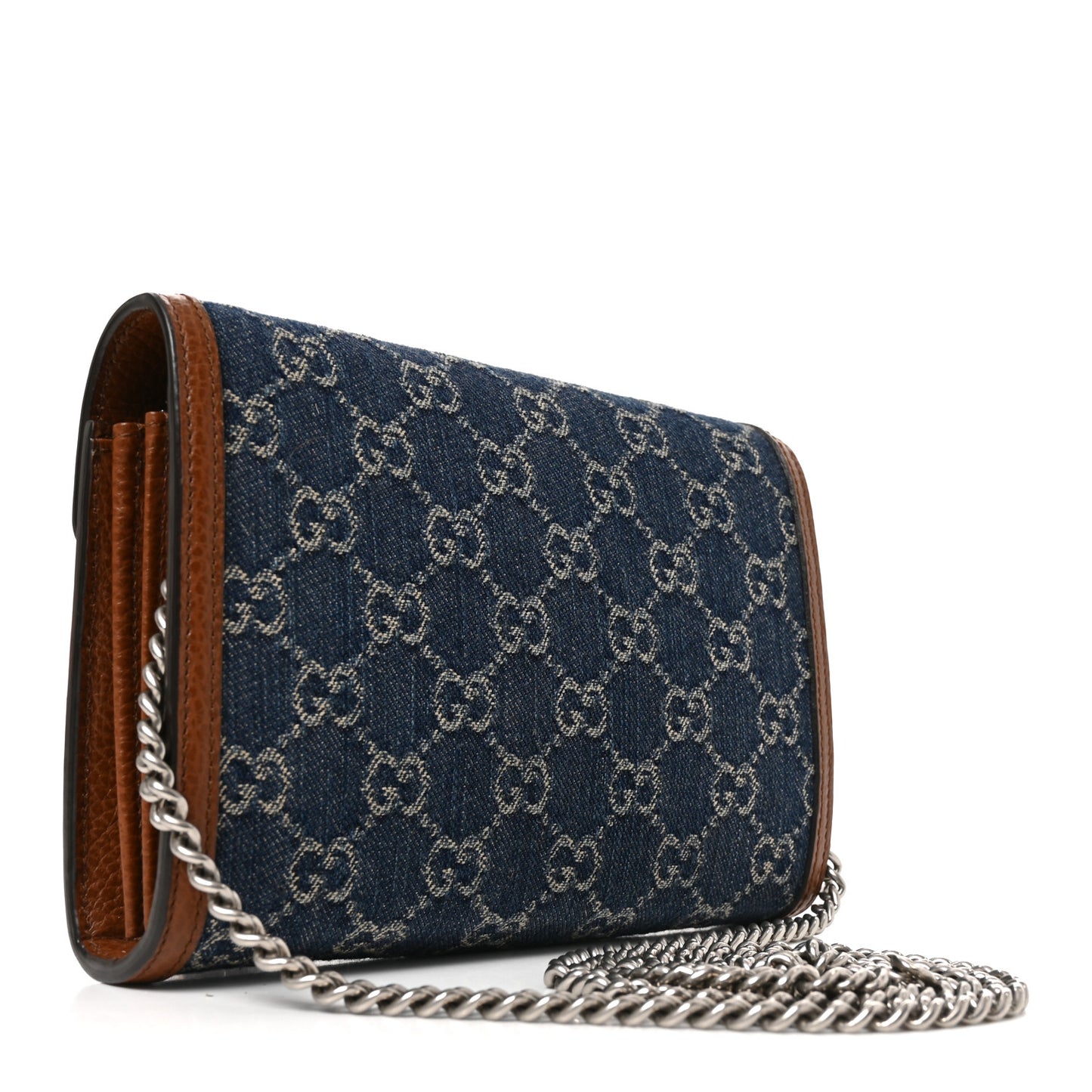 New Denim GG Monogram Dollar Calfskin Enamel Mini Dionysus Chain Wallet Blue Tea Cuir Epilog Electric Blue