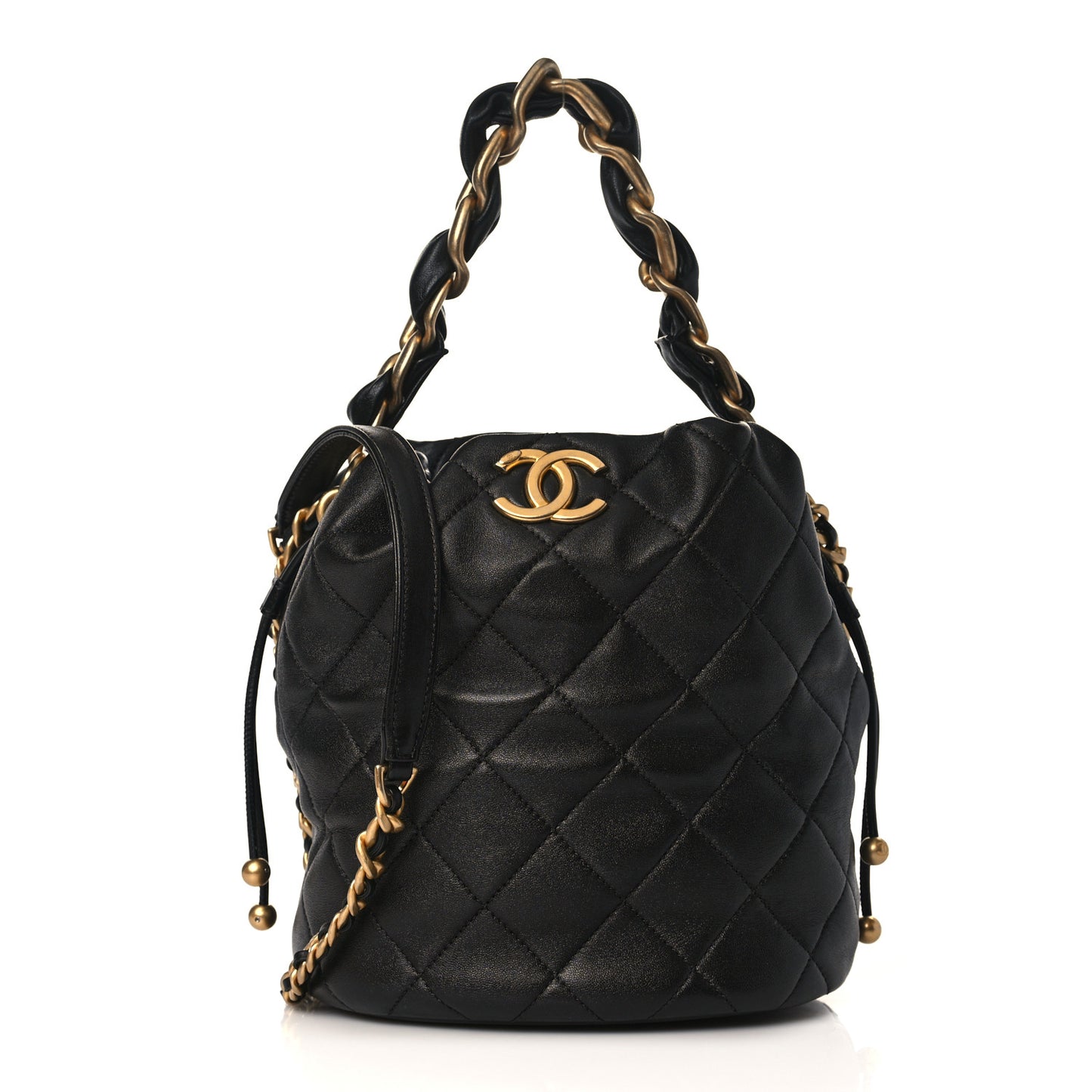 Shiny Lambskin Quilted Chain Is More Drawstring Bag Black