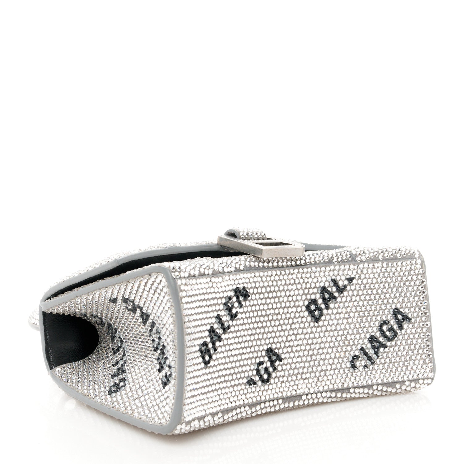 Balenciaga Strass Suede Allover Logo Hourglass Top Handle Bag XS with Chain Silver Black 4 of 11