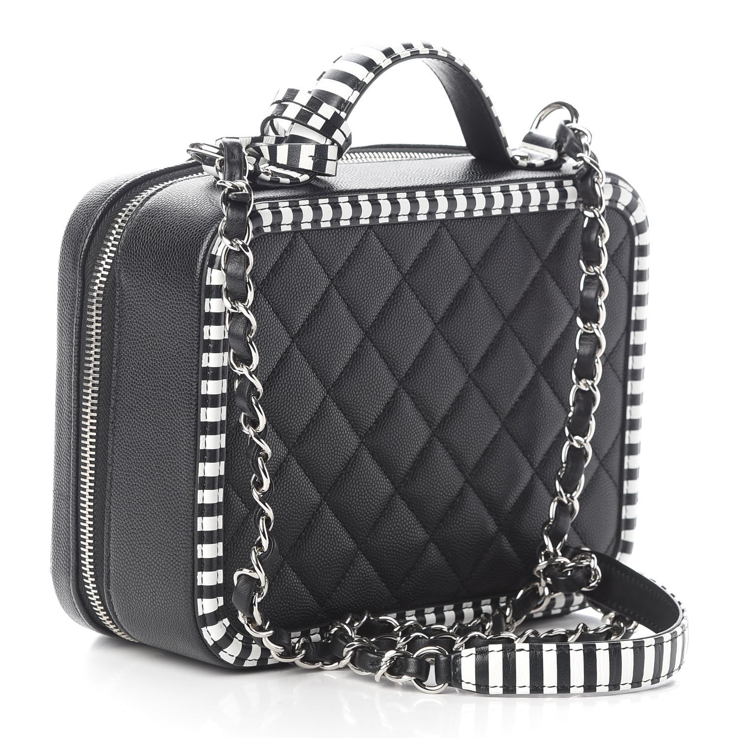 Chanel Caviar Quilted Striped Medium CC Filigree Vanity Case Black White 4 of 10