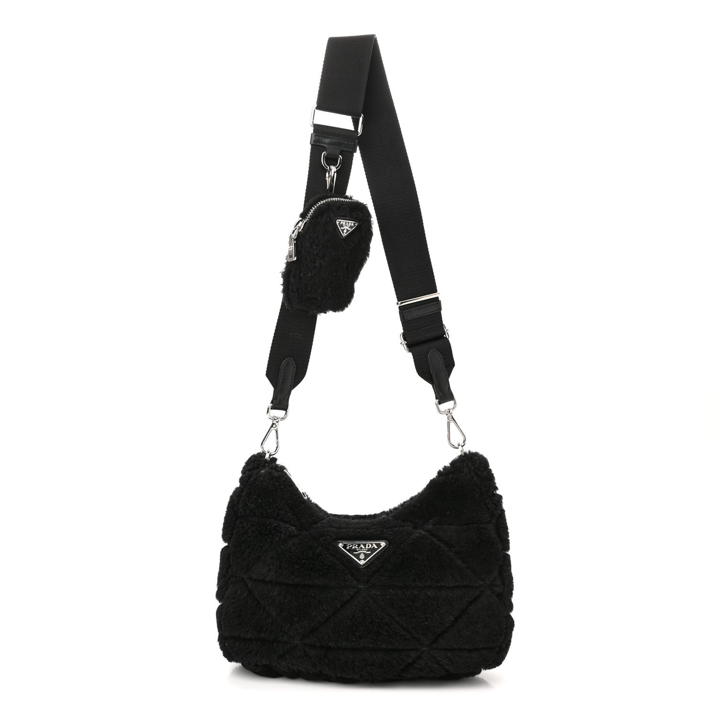 Shearling Nappa Triangle Quilted Patchwork System Shoulder Bag Black