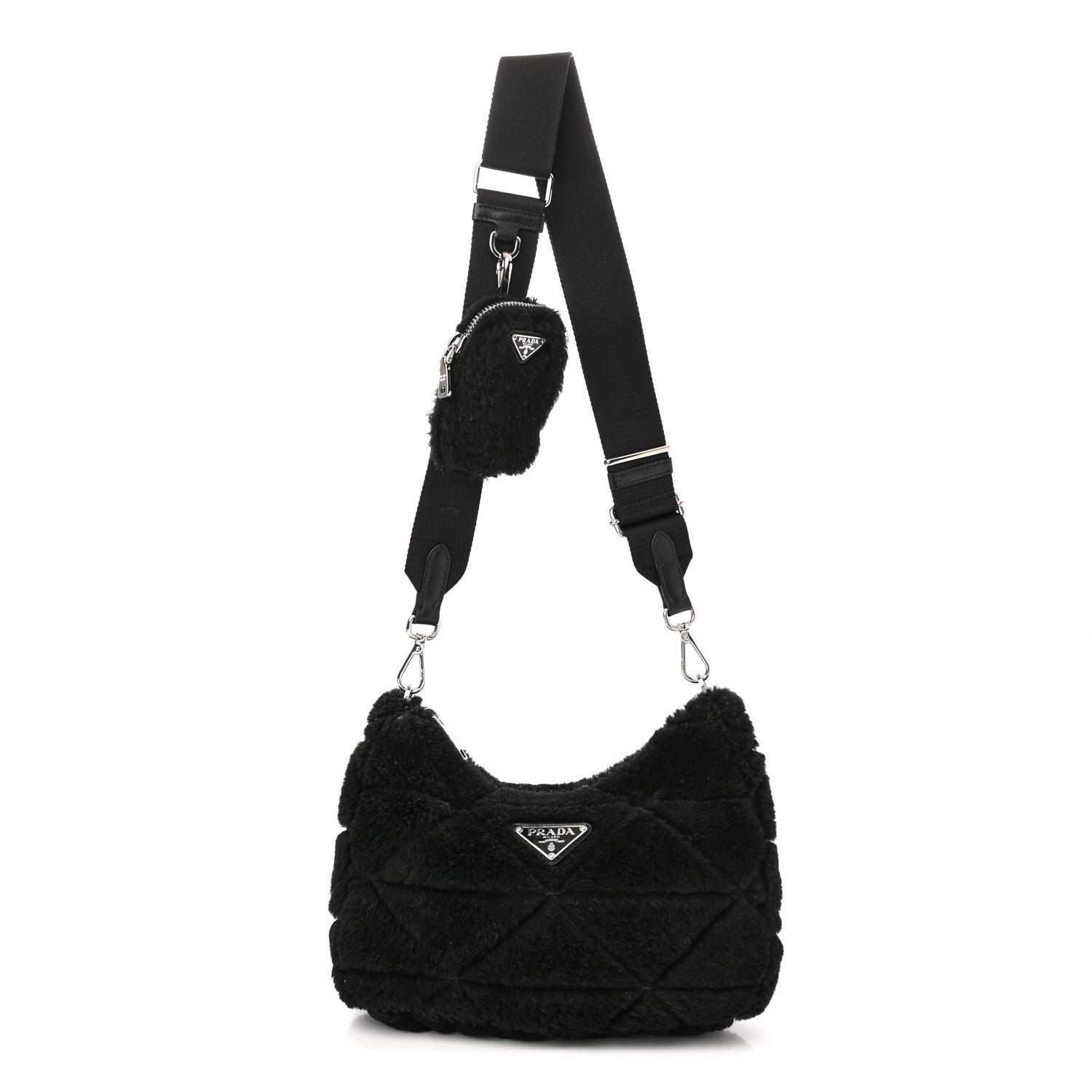 Prada Shearling Nappa Triangle Quilted Patchwork System Shoulder Bag Black 1 of 11