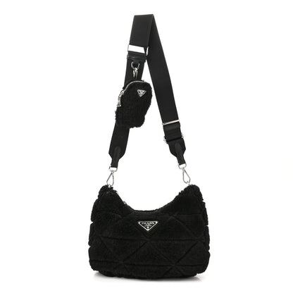Prada Shearling Nappa Triangle Quilted Patchwork System Shoulder Bag Black 1 of 11