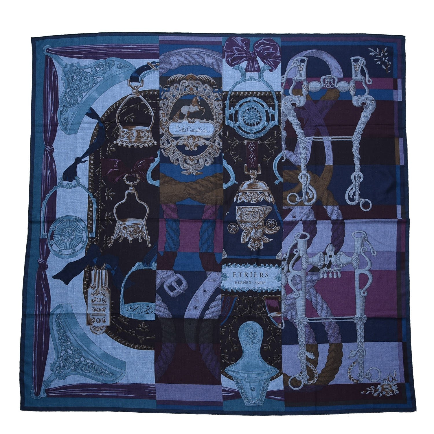 Hermes Cashmere Silk Cavalleria D'Etriers Shawl 140 Bleu Violet Parme 1 of 7