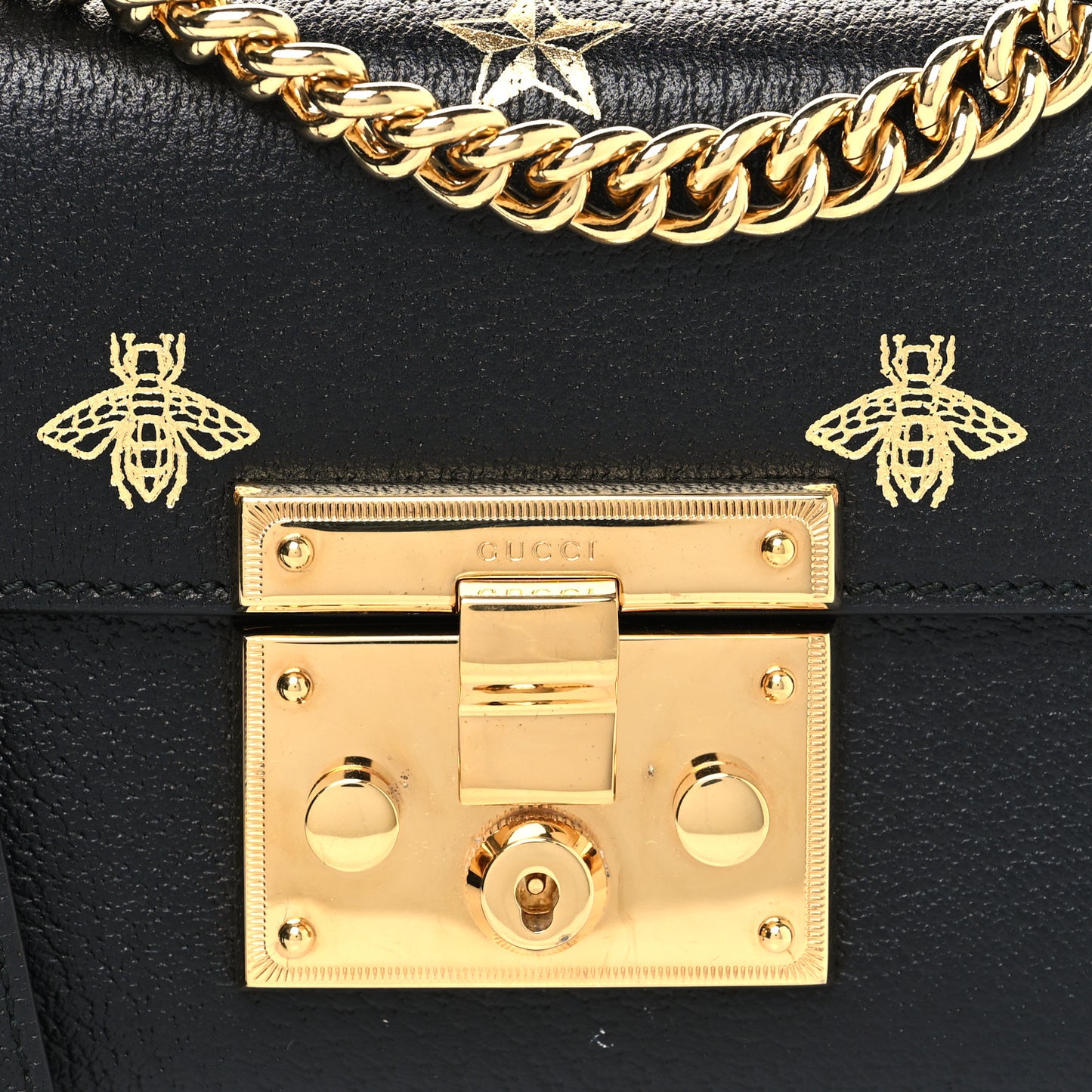 Grained Calfskin Bee Star Small Padlock Shoulder Bag Black