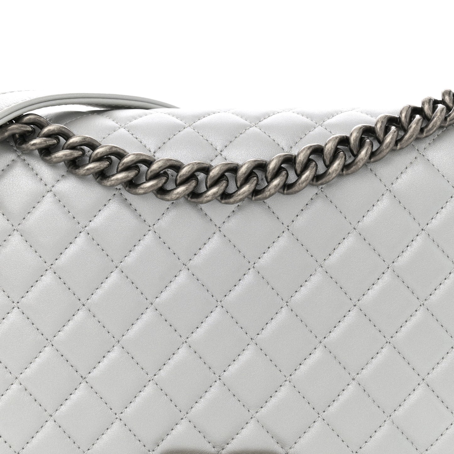 Metallic Calfskin Quilted New Medium Plexiglass Boy Flap Silver