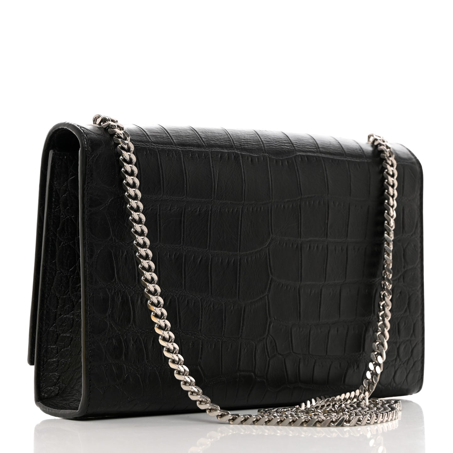 Calfskin Crocodile Embossed Medium Classic Monogram Kate Tassel Satchel Black