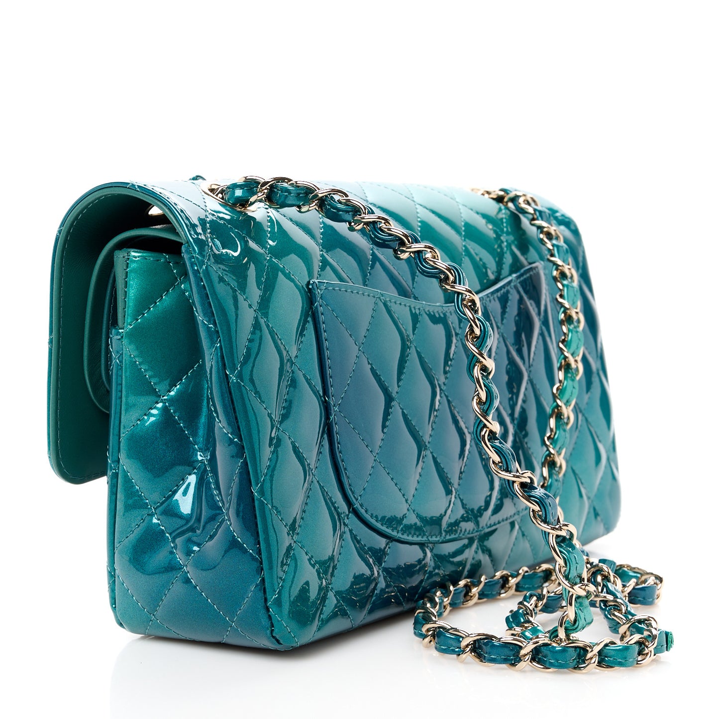 Shaded Patent Calfskin Quilted Medium Double Flap Green Blue