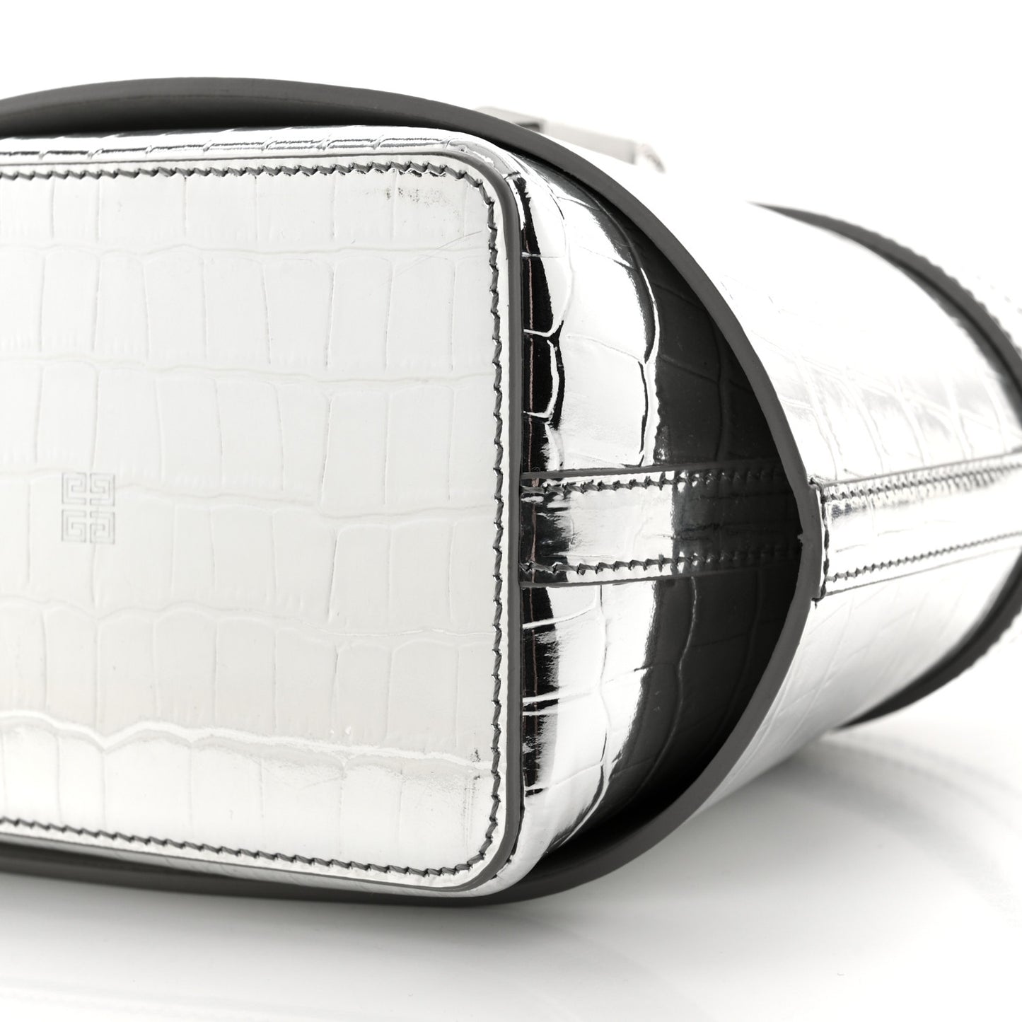 Metallic Calfskin Crocodile Embossed Shark Lock Bucket Bag Light Silvery