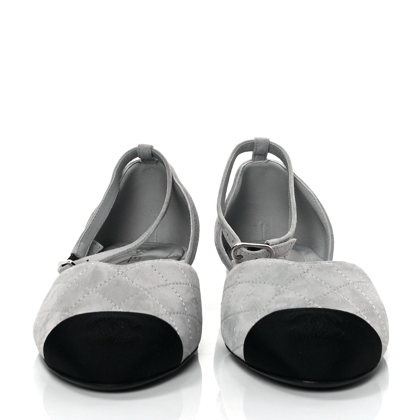 Suede Grosgrain Cap Toe CC Mary Jane Flats 39 Light Grey Black