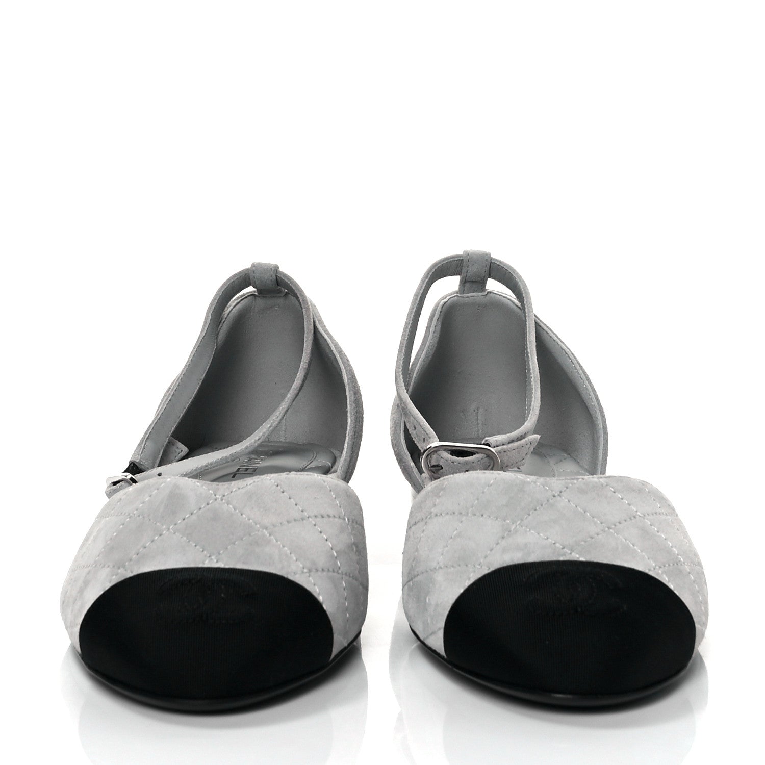 Chanel Suede Grosgrain Cap Toe CC Mary Jane Flats 39 Light Grey Black 2 of 9