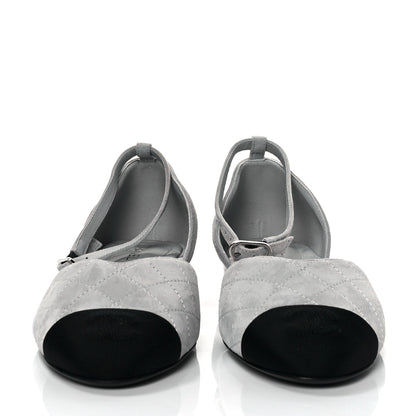 Chanel Suede Grosgrain Cap Toe CC Mary Jane Flats 39 Light Grey Black 2 of 9