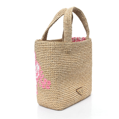 Prada Yarn Raffia Effect Crochet Embroidered Floral Small Logo Tote Naturale Petalo 3 of 11