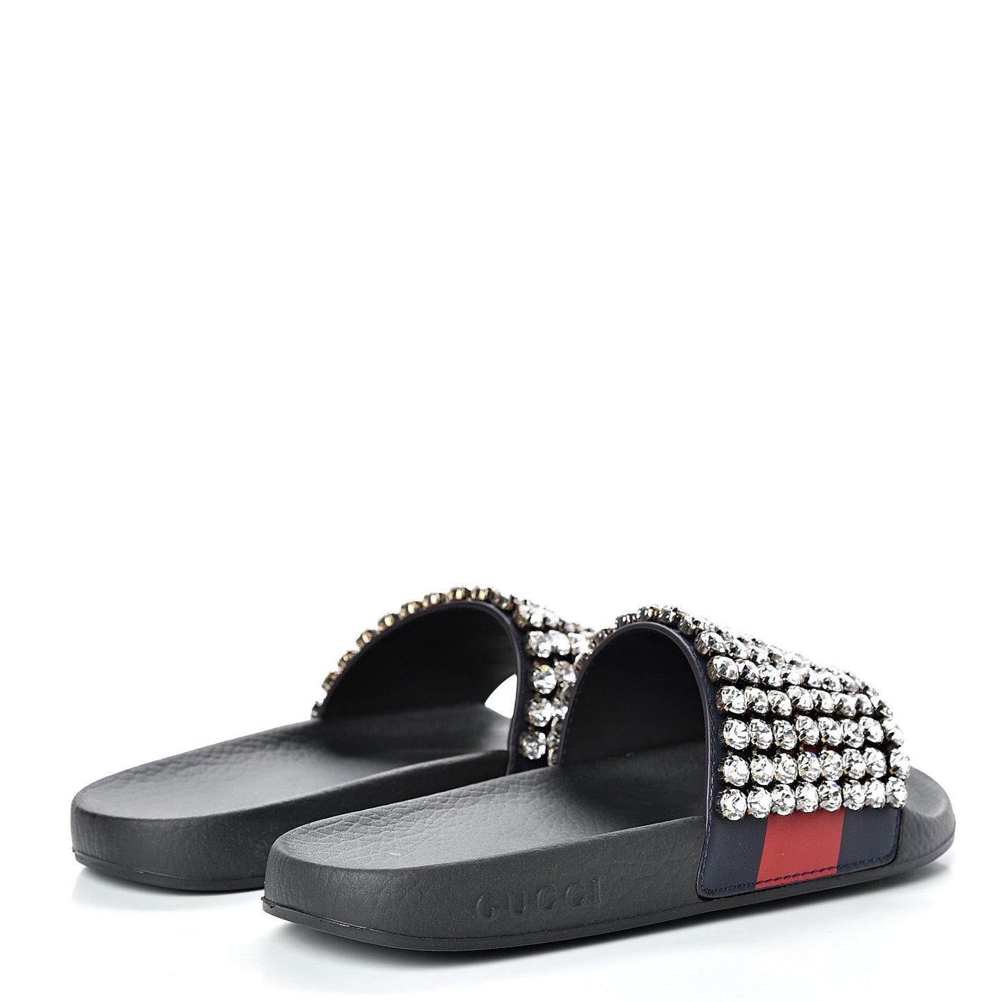 Calfskin Crystal Embellished Web Slide Sandals 37 Blue Red