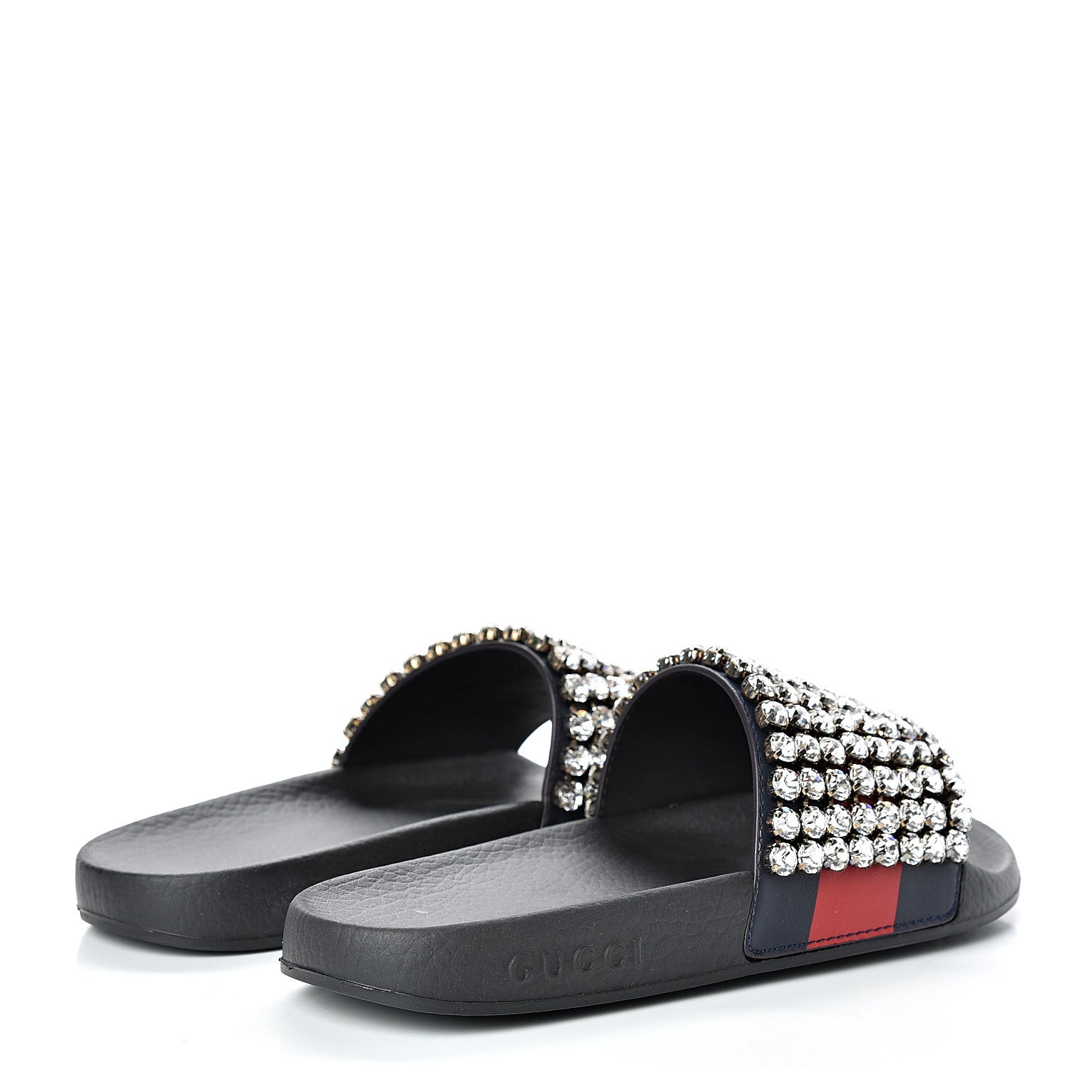 Gucci Calfskin Crystal Embellished Web Slide Sandals 37 Blue Red 4 of 8
