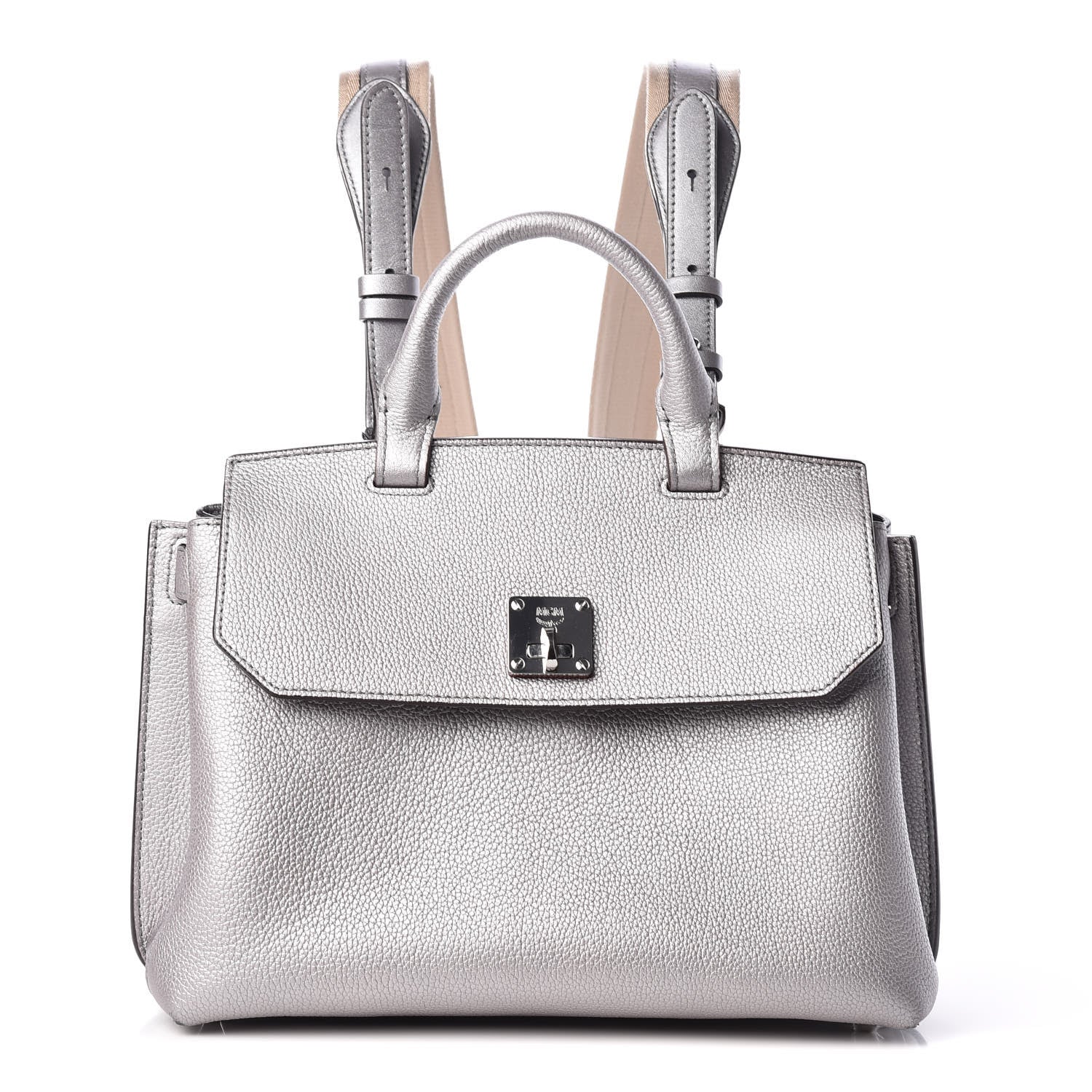 MCM Metallic Grained Calfskin Medium Milla Convertible Backpack Spike Silver 1 of 13