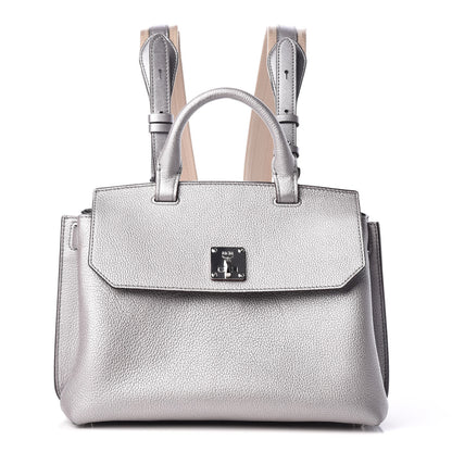 MCM Metallic Grained Calfskin Medium Milla Convertible Backpack Spike Silver 1 of 13