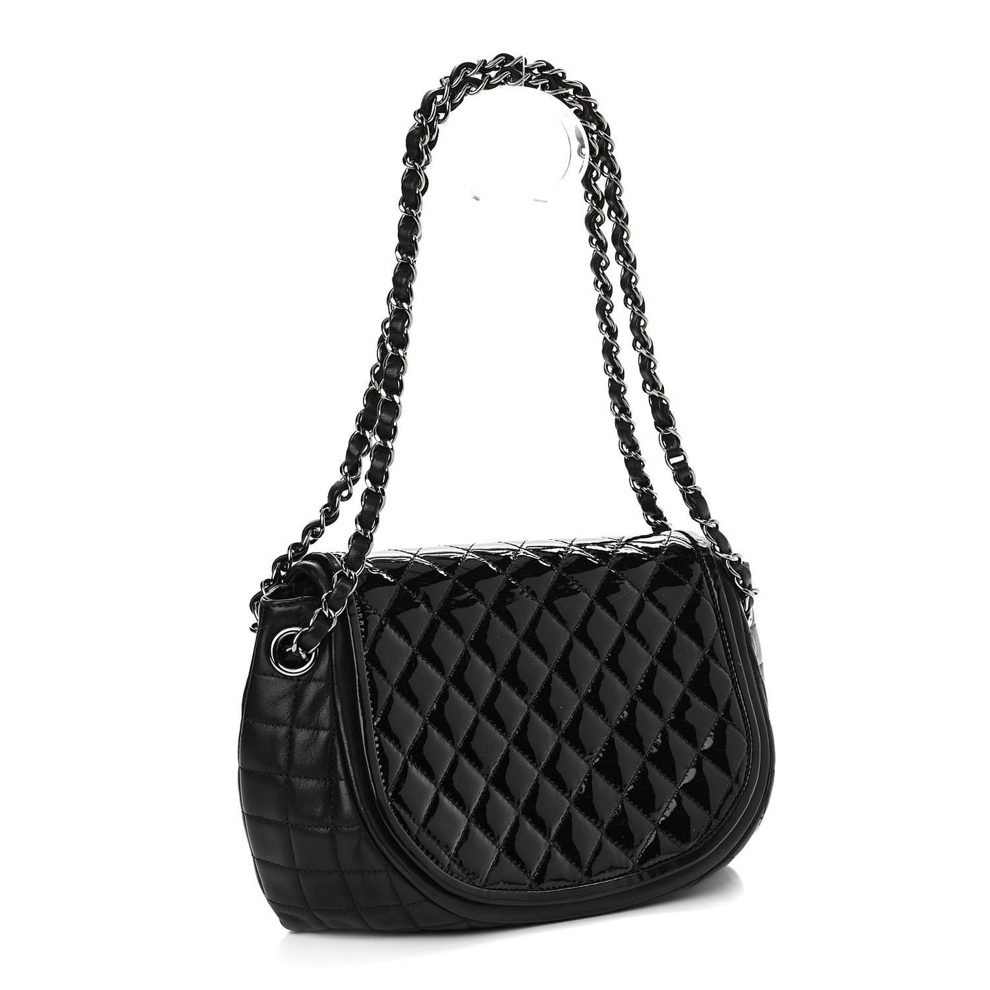 Lambskin Patent Classic Twist Crescent Flap Bag Black