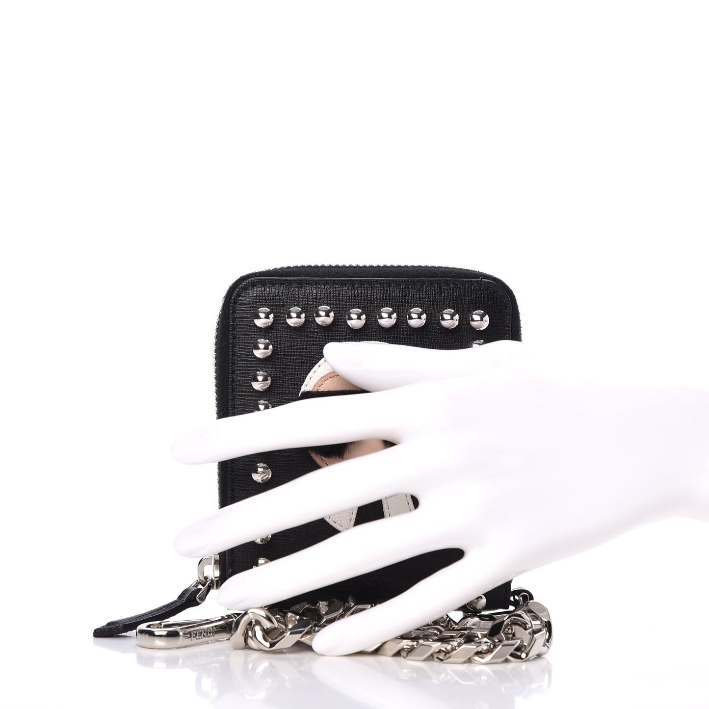 Vitello Elite Flamingo Mink Karlito Studded Zip Around Chain Wallet Black White Plaster
