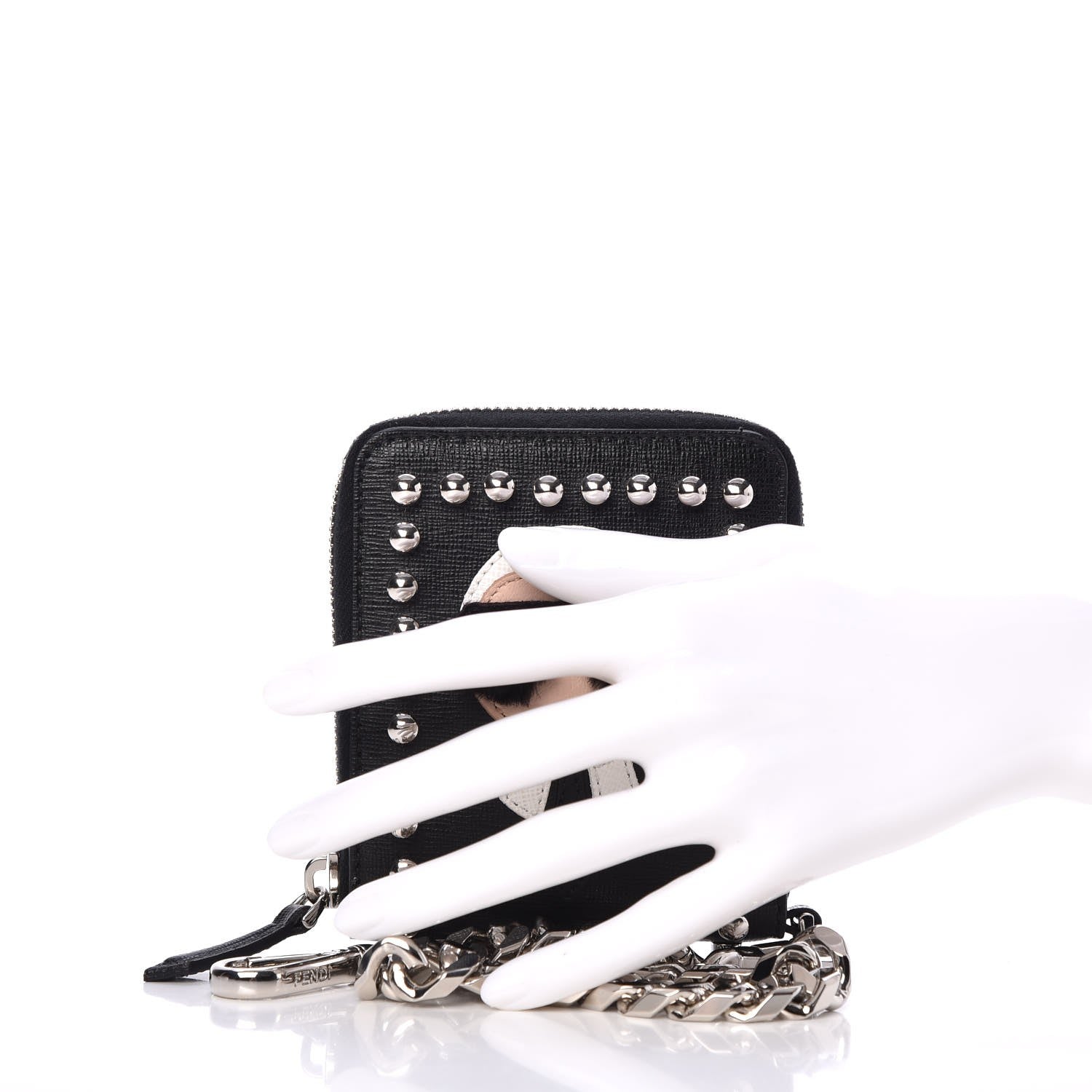 Fendi Vitello Elite Flamingo Mink Karlito Studded Zip Around Chain Wallet Black White Plaster 2 of 15